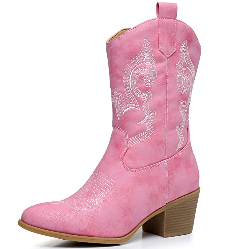 Image of GLOBALWIN Women's Mid Calf The Western Cowgirl Boots Fashion Cowboy Boots For Women Chunky Low Heel