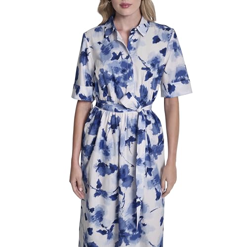 Image of DKNY Women's Short Sleeve Cotton Poplin Collared Midi Shirtdress