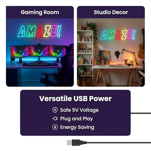 Image of AMAZE! Neon Sign, Rainbow LED, Multi-Color, 16.5x5.4 inchIN | Classroom Neon Sign ,USB Powered, Gamer Room Decor, Sci-Fi Fan Decor, Wall Art