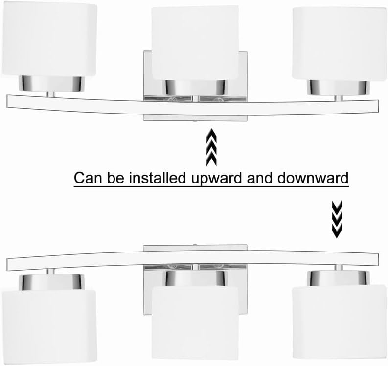 Miniatura 5 de Lámpara de baño de 3 luces sobre el espejo, moderna lámpara de tocador cromada con pantalla de vidrio lechoso, luz de baño de 23 pulgadas para