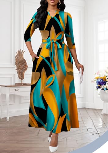 Image of BubFee Maxi Dresses for Women Semi Formal Long Dress 3 /4 Sleeve Casual A-line Church Dresses with Pockets