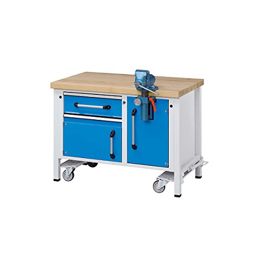 Preisvergleich Produktbild EUROKRAFT Werkbank mit Schraubstock - mit Fahrwerk und Schraubstock - BxTxH 1270 x 700 x 850 mm - Arbeitstisch Fahrbare Werkbank Montagetisch Montagewerkbank Stahlblechwerkbank Werkbank Werkbank