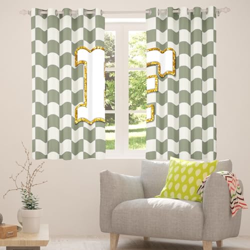 Image of Erosebridal Sage Green Checkered Window Drapes Plaid Initial F Blackout Curtains 38 inch Wx45 L Personalized Monogram Curtains for Bedroom Living Room,Grids Gingham Window Treatments 2 Panels