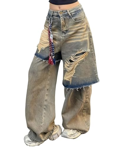 Baggy Jeans for Women Men Y2K Ripped Fake Two-Piece Design Pants High Waist Distressed Grunge Harajuku Streetwear