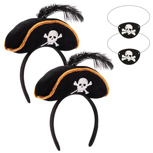 Exacoo Black Pirate Hat With Feather Headband And Eye Patches for Women Men Pirates Costume Accessories Halloween Party Favors
