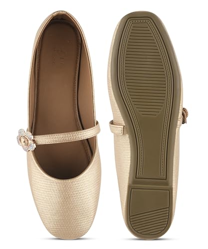Image of JM LOOKS Elegant Textured Metallic Mary Jane Flats with Floral Buckle Detail and Comfortable Low Profile Sole
