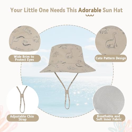 Baby Sun Hat UPF 50+ Sun Protective Toddler Bucket Hat Summer Kids Beach Hats Wide Brim Outdoor Play Hat for Boys Girls 02 Khaki Dinosaur 4-8 Years - Thumbnail 3