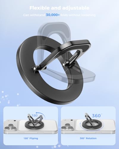 Image of SUPERONE Two-Sided Magnetic Phone Ring Grip for MagSafe Adjustable Holder | 360 Rotation Magnetic Phone Ring Holder, Removable MagSafe Kickstand Accessories Compatible with iPhone 17-12 Series - Black