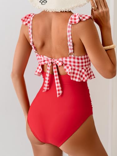 Image of Eomenie One Piece Swimsuit for Women Tummy Control Ruffle Bathing Suit V Neck Ruched Swim Suit Slimming Cutout Swimwear
