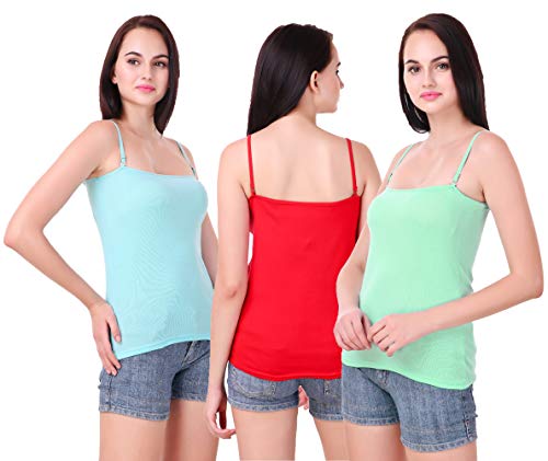 Image of Set of 3 Spaghetti Camisole Vest Top Inner Wear Camis with Adjustable and Detachable Strap (Free 1 Pair Transparent Strap) for Women and Girls
