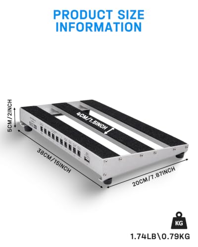 Image of STRICH Guitar Pedal Board with Built-in Power Supply, 15 x 7.8 inch Silver-White Lightweight Aluminum Alloy, PedalBoard with Pedal Cables, Bag, Hook Loop Strips PB-MP15