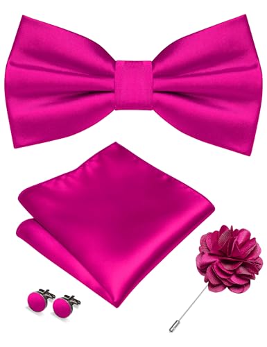 Image of RBOCOTT Solid Color Bow Tie and Pocket Square with Lapel Pin Cufflinks Set 4PCS