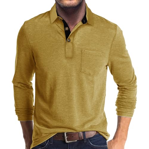 Polo de manga larga para hombre – Camiseta ligera de golf con bolsillo en el pecho – para exteriores, monocolor, cuello abotonado, manga larga, amarillo, S