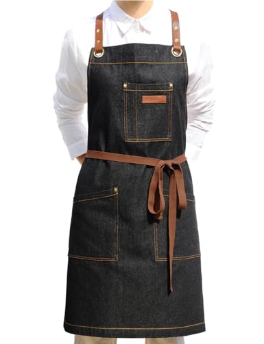 DingSay Trendy Denim Apron with Pockets for Women Men, for Chef Kitchen Cooking Hair Cutting BBQ Grill Painting, Leather Cross Back Straps & Adjustable S to XXL, Black Denim (Midium-weight), 27W*33T
