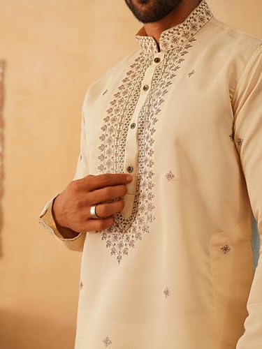 Image of Jompers Men's Cream Sequin Embroidered Kurtas (Cream, XL)