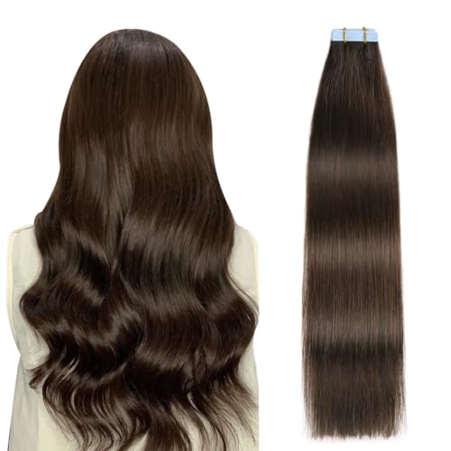 SUYYA Tape-In Hair Extensions Human Hair 20 Pcs 40g Invisible Straight Seamless Skin Weft Tape Extensions Real Human Hair 12 Inches #2 Darkest Brown