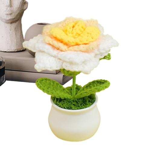 Mbiyhgta Crochet Flower Pot - Roses au Crochet Faites à Main, Décoration Florale Permanente, Hauteur 13cm + Pot en ABS, pour Tableau de Bord Voiture et Bureau