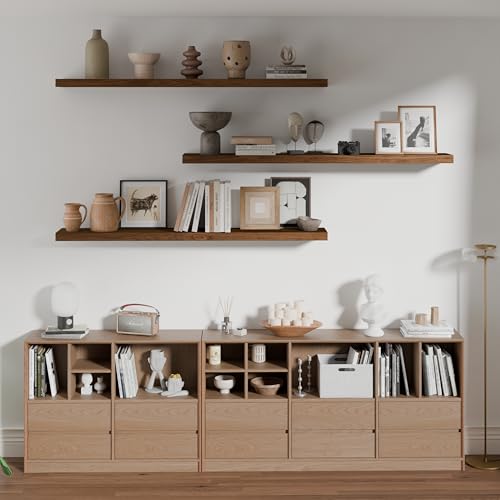Image of ROGMARS 48Inches Long Walnut Floating Shelves | Rustic Solid Wood Farmhouse Wall Shelves with Invisible Brackets for Bathroom, Living Room, Bedroom, Kitchen Set of 3