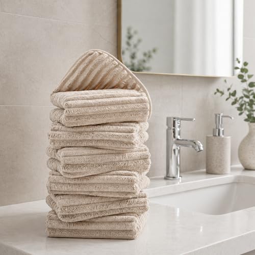 Image of 6 Pack Hand Towels, 16 inchx28 inch Microfiber Towels, Beige | Soft touch feel, quick dry, Highly Absorbent, hanging loop, lint free, durable for daily bathroom, gym, spa, kitchen use