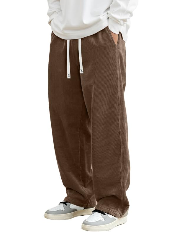 JMIERR Herren Cordhose Baggy Braun Freizeit Jogginghose Weite Beine Sweathose Loose Fit Mit Elastische Taille M