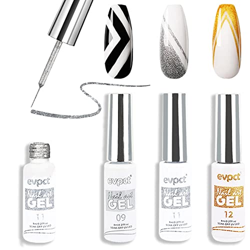 evpct 3Pcs 8ml Metallic Gel Liner Nail Art Polish, Gold Silver White Gel Liner for Nail Art Designs Silver Glitter Gel Nail Polish Liner Art Build in Thin Brush Soak off Curing Nail Manicure Painting