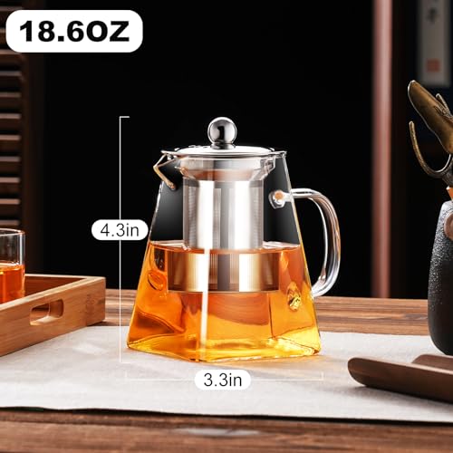 Image of PARACITY Glass Teapot Stovetop 32OZ, Borosilicate Clear Tea Kettle with Removable 18 /8 Stainless Steel Infuser, Teapot Blooming and Loose Leaf Tea Maker Tea Brewer (square, 550ML)