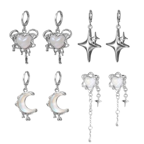 Y2K Earrings Moonstone Star Heart Drop Moon Punk Goth Dangling Earrings Aesthetic Jewelry Gift 4Pairs
