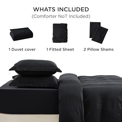 Image of Bedsure Duvet Cover King Size with Fitted Sheet - 4 Pieces Prewashed Polyester Extra Soft Bedding Set, Includes 1 Duvet Cover 104x90 Inches with Zipper Closure, 2 Pillow Shams, 1 Fitted Sheet, Black