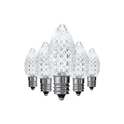 HLO Lighting LED C7 Cool White Replacement Christmas Light Bulbs, Commercial Grade Holiday Bulbs, 3 Diode (LED's) in Each Bulb, Fits in E12 Sockets, Pack of 25 Bulbs