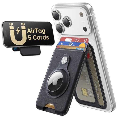 TWZKG for MagSafe Wallet with Airtag Holder 5 Card Holder with Stand Magnetic Phone Wallet Stand for iPhone 17/16/15/14/13/12 Pro Max Air Plus Series RFID Blocking Vegan Leather Black
