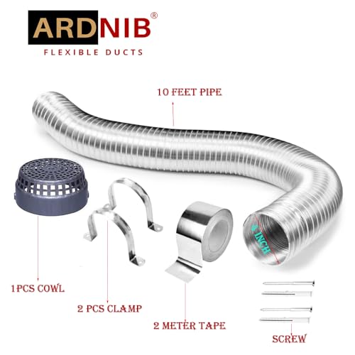 Image of 4 Inch 10ft Flexible Aluminum Duct Pipe for Kitchen Chimney | Complete Installation Kit with Free Cowl Cover, 2m Tape, and Clamp | Fits Various Chimney Brands, Silver