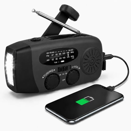 Radio solar portátil con AM/FM/NOAA, generador de mano, powerbank recargable de 2000 mAh, cargador USB para móviles, linterna LED, para emergencias, camping, pesca (Negro)