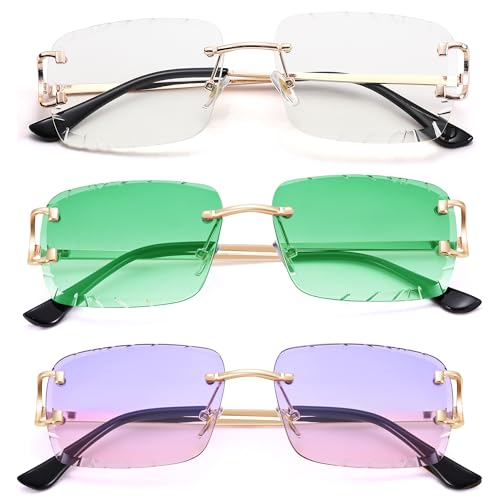 Image of Hycredi Rimless Rectangle Sunglasses for Men /Women- Frameless Square Trendy Shade - Diamond Cutting Eyewear