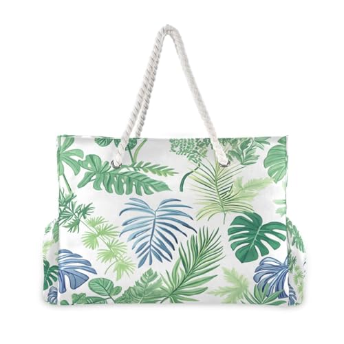 Beach Bag - Large Tote Bags for Women Green Blue Tropical Leaves Pattern Shoulder Bags Zipper Waterproof Sandproof for Travel Gym Swim Daily2