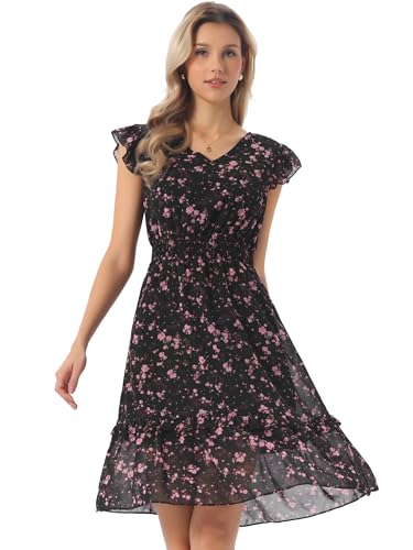 Image of Allegra K Women's Floral Dress Spring Summer V Neck Flutter Sleeve Ruffle Casual Smocked Knee Length Dresses