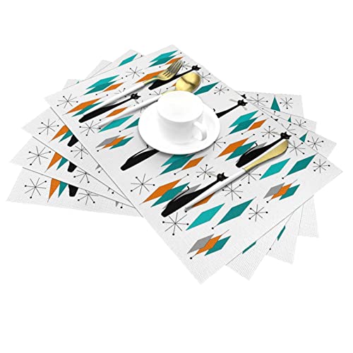 Mid Century Modern Black Cat Placemats Set Of 6, 12X18In Linen Retro Place Table Mat Washable Non Slip Heat Resistant For Kitchen Wedding Christmas Dinner Parties Home Decor #TOP2