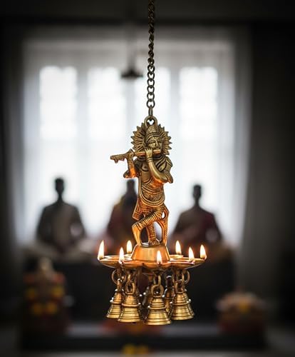 eSplanade - Krishna Wall Hanging Diya with Bells & Chain | Oil Lamp | Home Decor | Diya, Deepak, Deepam - Brass