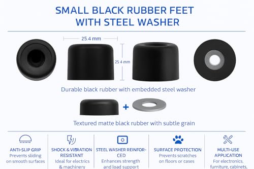 Image of Penn Elcom Small Black Rubber Feet with Steel Washer - Set of 12 | Protective Bumper for Electronics, Cabinets, Cases & Furniture | Anti-Slip, Vibration-Resistant (O - 25.4mm, H - 25.4mm)