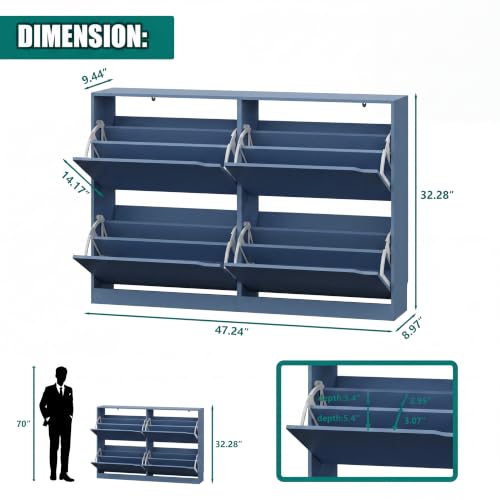 Image of Xixini Shoe Storage Cabinet for Entryway with 4 Flip Drawers, Sturdy Wood Hidden Shoe Storage, Freestanding Narrow Slim Shoe Organizer for Front Door Entrance, Living Room, Hallway, Bedroom, Blue