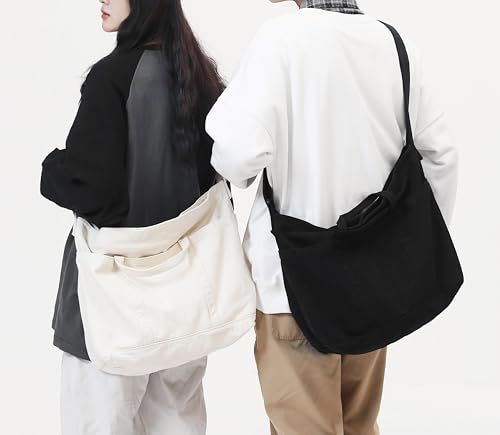 Image of Cotton Tote Handbag Women Canvas Crossbody Beach Bag Hobo Shoulder Tote Bag with 3 External Pocket,Zipper Closure