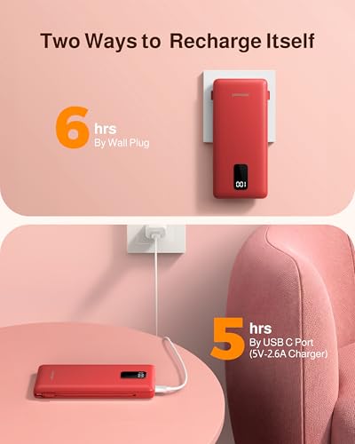 Image of charmast Power Bank 10000mAh Portable Charger with AC Plug and Built-in Cables for iOS and Type-C - Compact Battery Pack Travel Essentials External Phone Charger for iPhone 17 16 15 14, Samsung, iPad