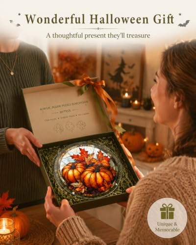 Image of Acrylic Jigsaw Puzzle Suncatcher Maple Leaf Pumpkin Adult Puzzles Gift 6.3 inch