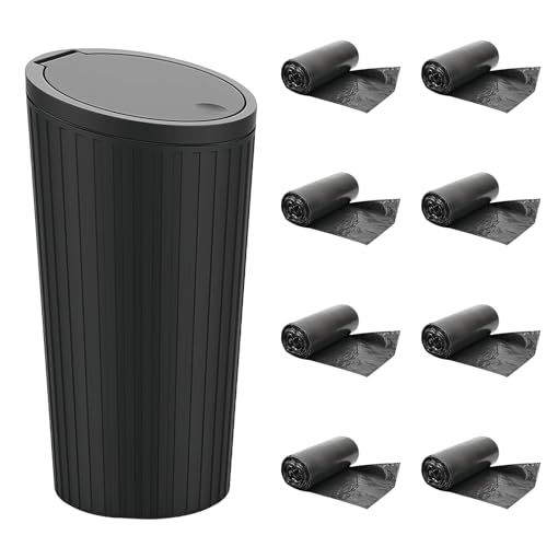 Bote de basura para coche con tapa, pequeño cubo para auto, soporte para bebidas con 8 bolsas impermeables y antiolor, ideal para autos, hogar, oficina y dormitorio