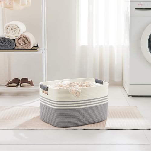 Wäschekorb Geflochten Klein aus Baumwollseil, 45L Aufbewahrungskorb mit Lederhenkeln, Korb für Decken, Kleidung, Spielzeug, Laundry Basket für Kinderzimmer Wohnzimmer, 45 x 35 x 27 cm, Weiß und Grau