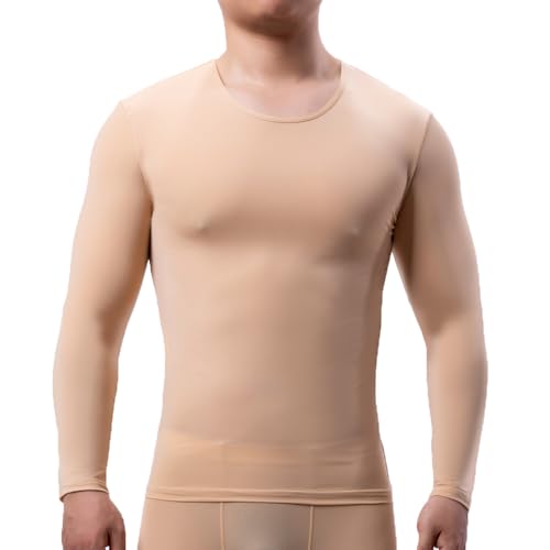 Camiseta masculina transparente de manga comprida com elástico slim fit, Pele, XGG