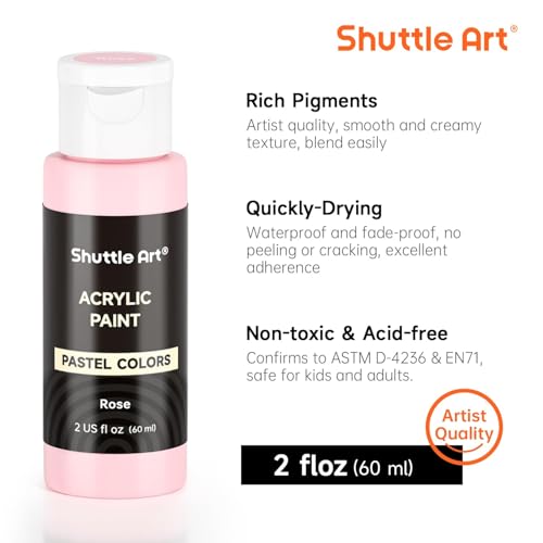 Shuttle Art 40 Pack Pastel Acrylic Paints Set, 30 Colours with 10 Paint Brushes, 60ml/2oz Bottle, High Viscosity, Waterproof for Painting & Crafting on Canvas, Rock, Ceramic, Fabric
