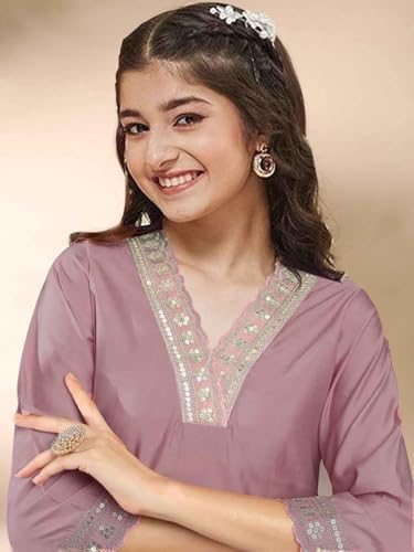 Image of Girls A-line Silk Embroidered Kurta and Pant Set with Dupatta for festive wedding and casual wear