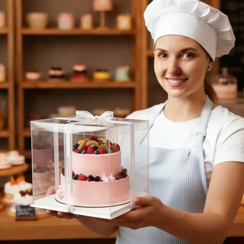 Cididu 6 Pcs Clear Cake Box with Ribbon 2-Layer 10x10x10 Inch, Transparent Cake Carrier Box with Lids, PET Tall Cake Packaging Boxes, Clear Gift Boxes for Mother's Day Birthday Wedding Festival Party by Cididu - Image 9