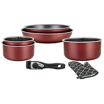 Herzberg HG8053 BR Batterie De Cuisine, Lot de 3 Casseroles Induction et 2 Poeles Tous Feux de différentes tailles et 1 gant de cuisine, Revêtement Marbre Antiadhésif, Poignées Amovibles, Rouge