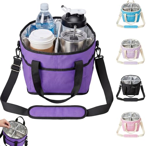 NVXEBOG Family Size 4 Compartment Drink Bag: Insulated Drink Carrier Bag with Strap, Collapsible 4-Cup Beverage Bag with No-Spill Base Drink Bag for Sport, Travel, Picnics, and Family Outings - Purple